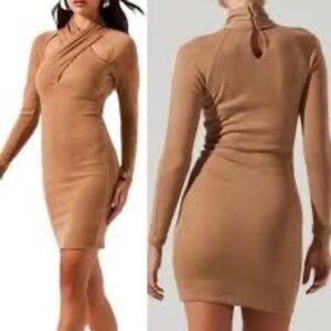 ASTR the Label Wrap Neck Cutout Long Sleeve Knit Bodycon Dress- Tan-Sz XL